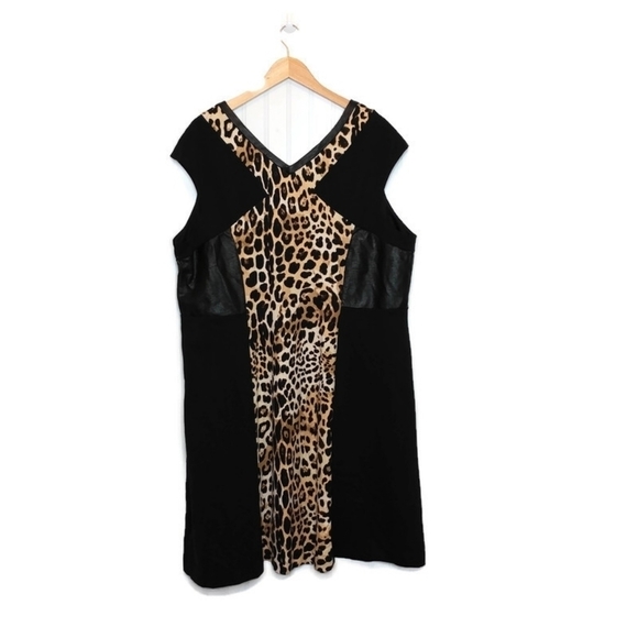Lane Bryant Size 26 Double V Neck Dress Black Leopard‎ Print A Line Cap Sleeve - Picture 8 of 12